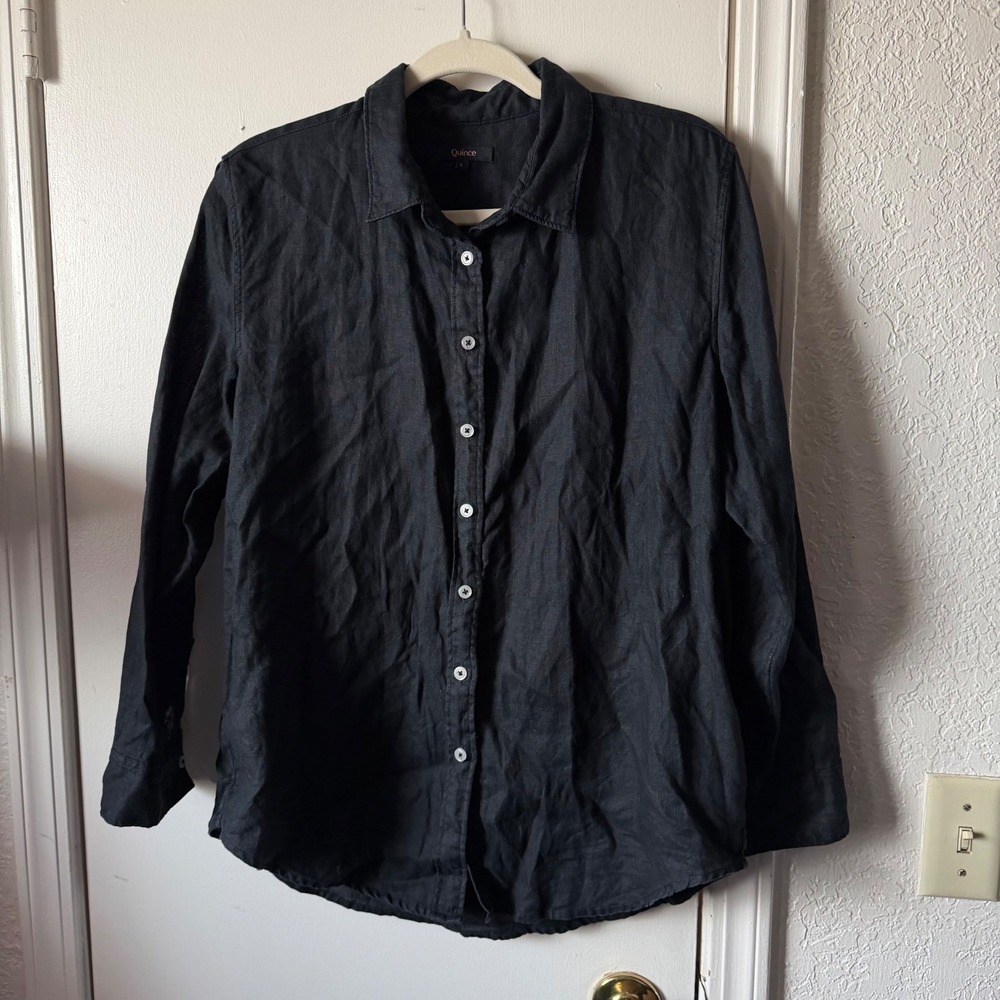 Quince Black 100% European Linen Long Sleeve Button Down Shirt Large MIVN004